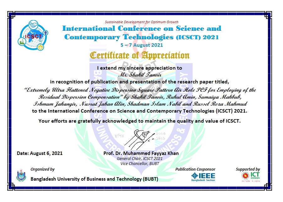 Certificate of appreciation, ICSCT 2021